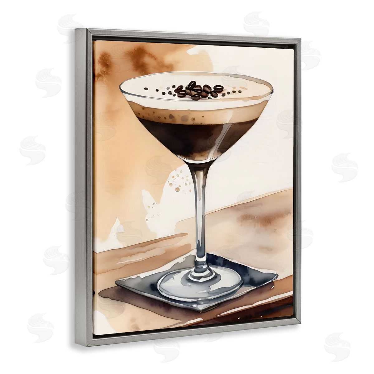 Espresso Martini Watercolor Grey Floating Frame Canvas Wall Art, Home Decor by LSR Design Studio