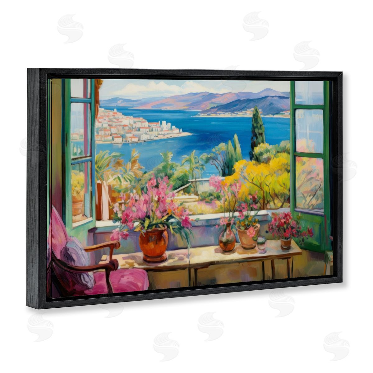 Seaside Window View Black Floating Frame Canvas Wall Art, Home Decor by LSR Design Studio