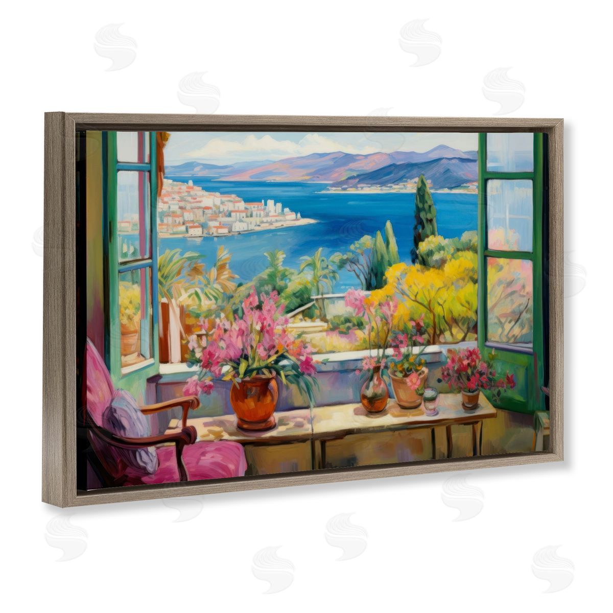 Seaside Window View Brown Floating Frame Canvas Wall Art, Home Decor by LSR Design Studio