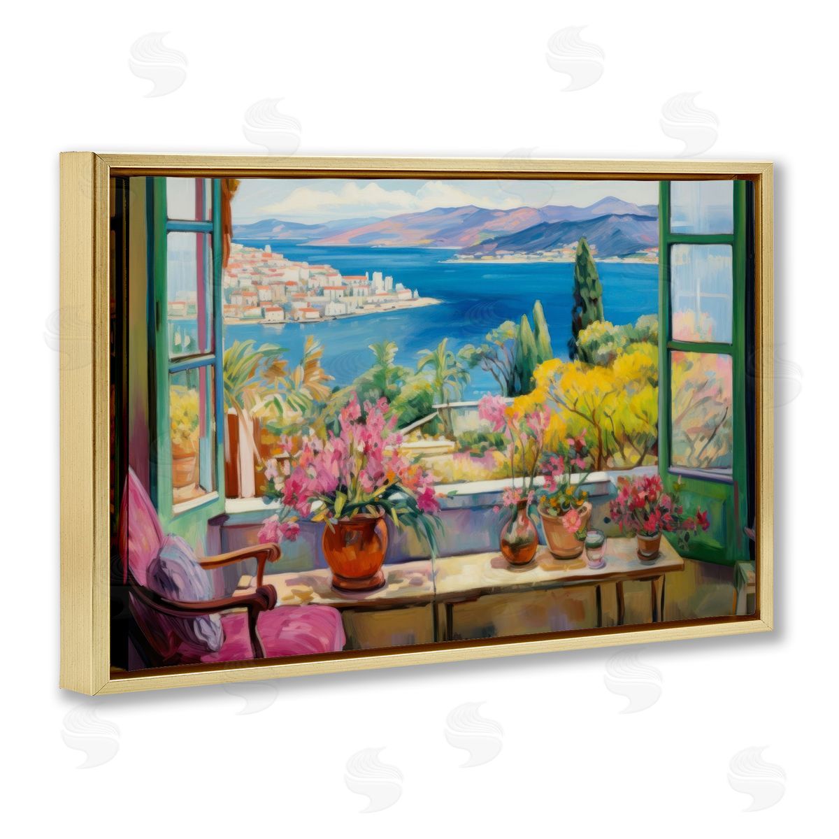 Seaside Window View Gold Floating Frame Canvas Wall Art, Home Decor by LSR Design Studio