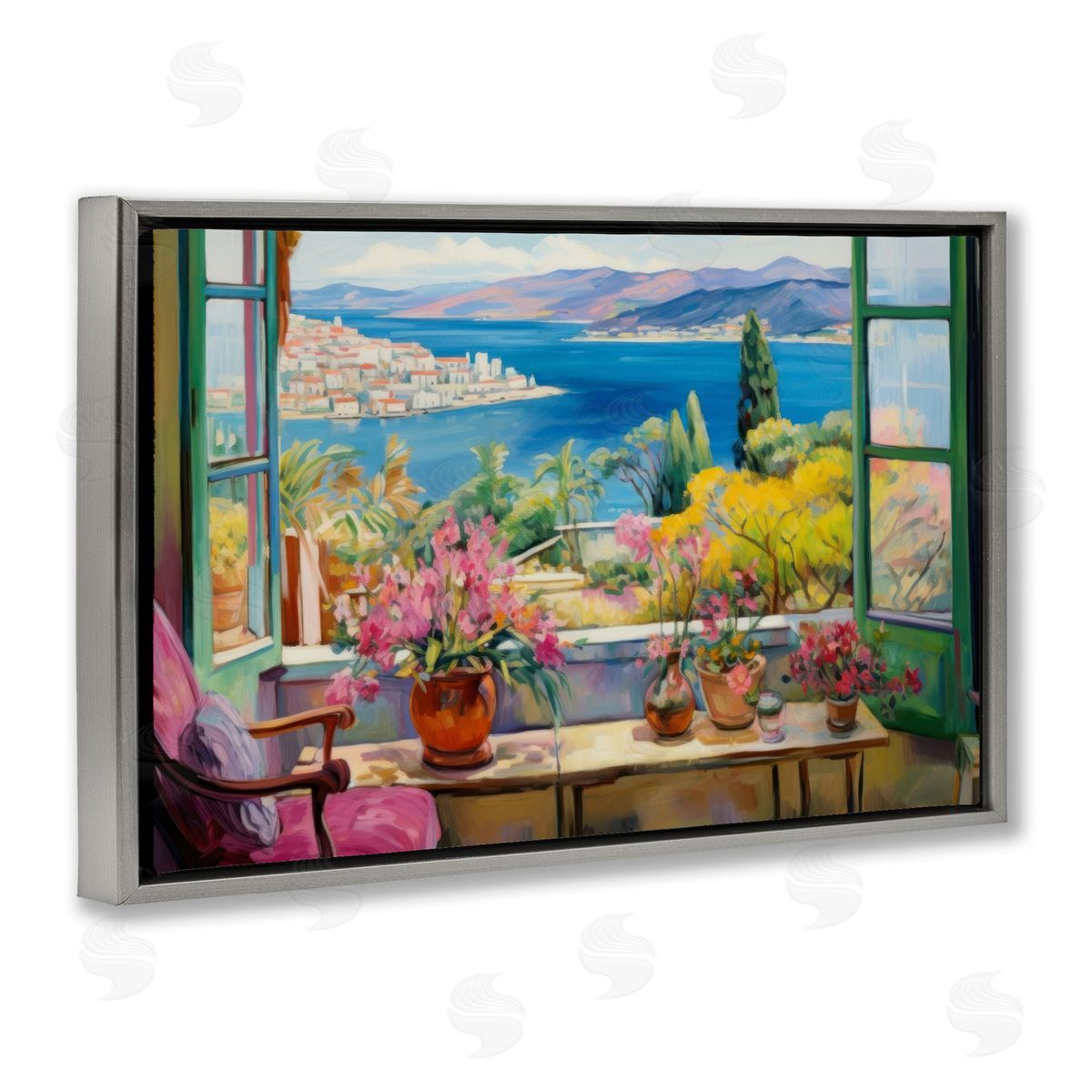 Seaside Window View Grey Floating Frame Canvas Wall Art, Home Decor by LSR Design Studio