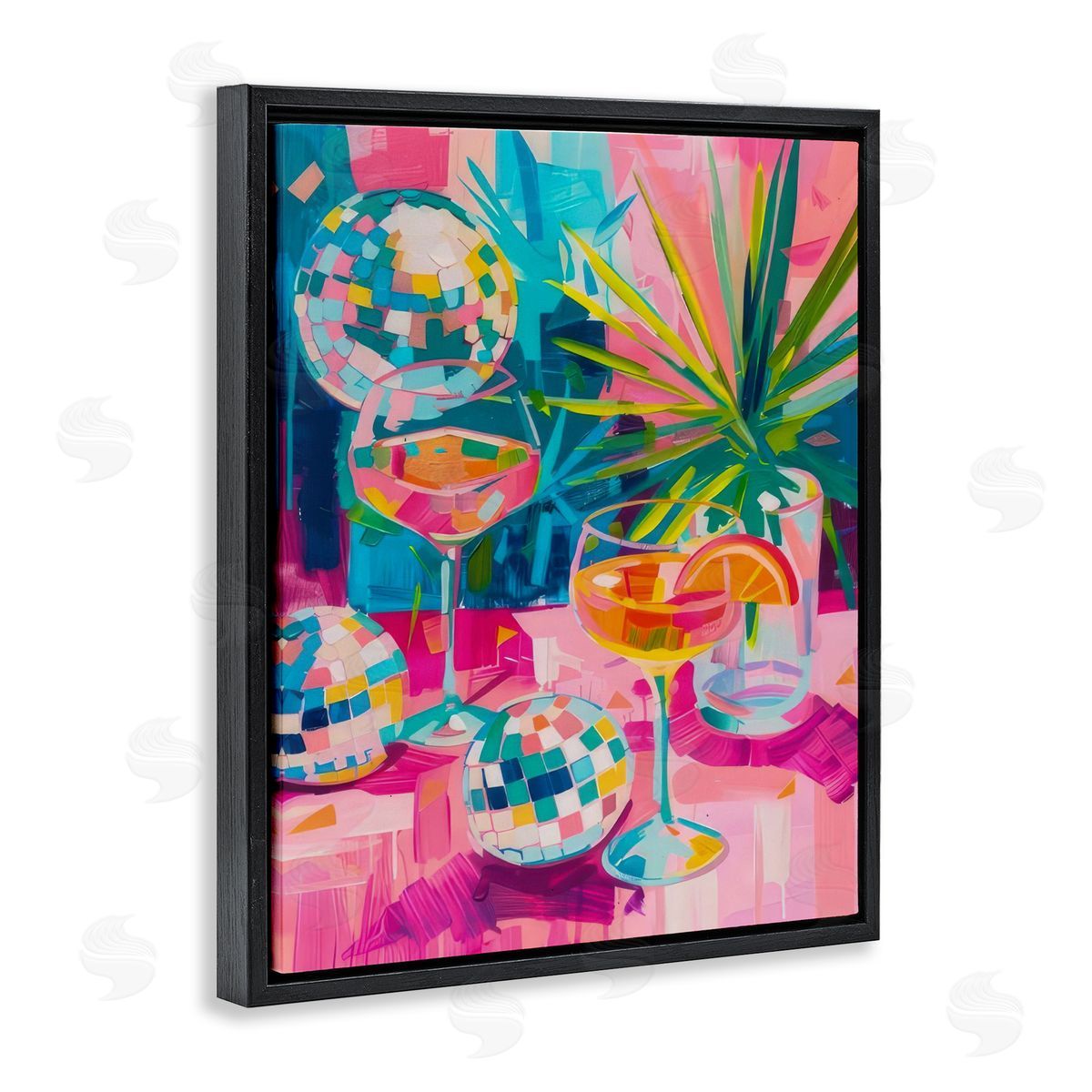 Dazzling Disco Cocktails Black Floating Frame Canvas Wall Art, Home Decor by LSR Design Studio