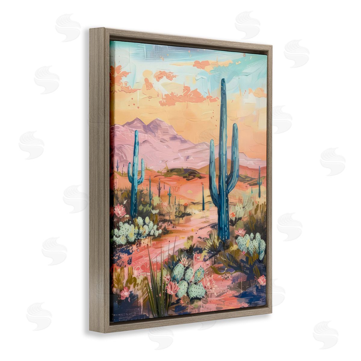 Soft Canyon Sunset Cacti Brown Floating Frame Canvas Wall Art, Home Decor by LSR Design Studio