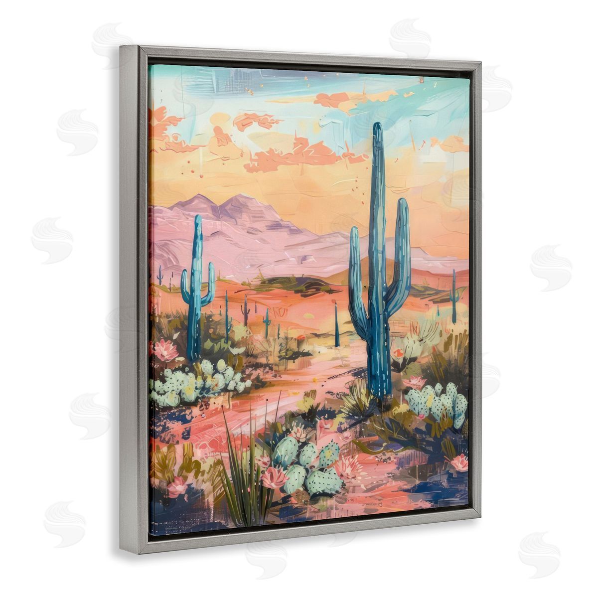 Soft Canyon Sunset Cacti Grey Floating Frame Canvas Wall Art, Home Decor by LSR Design Studio