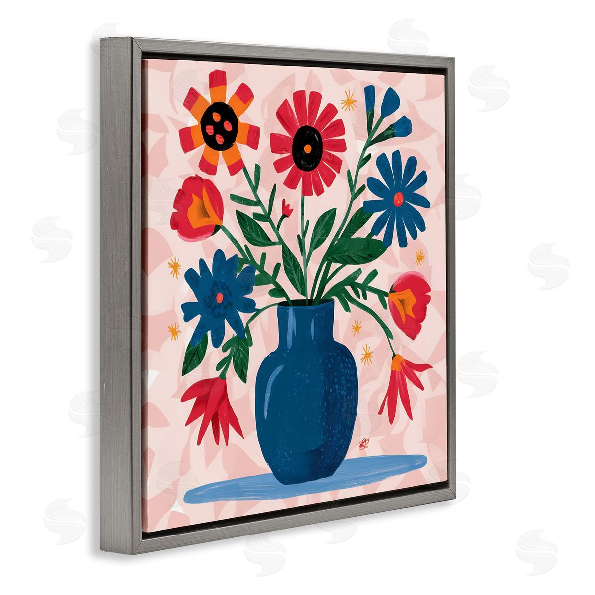Vibrant Mixed Flowers Grey Floating Frame Canvas Wall Art, Home Decor by LSR Design Studio