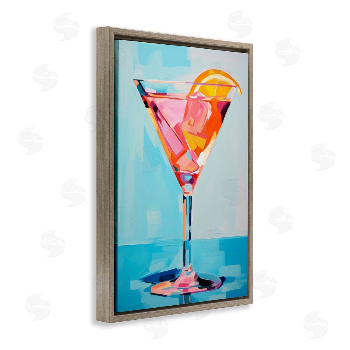 Blue & Pink Martini Brown Floating Frame Canvas Wall Art, Home Decor by LSR Design Studio