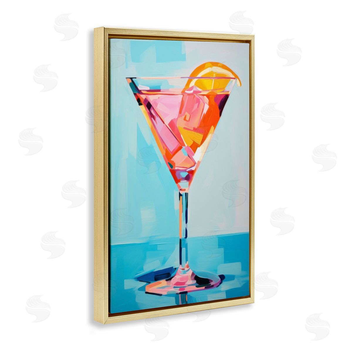 Blue & Pink Martini Gold Floating Frame Canvas Wall Art, Home Decor by LSR Design Studio