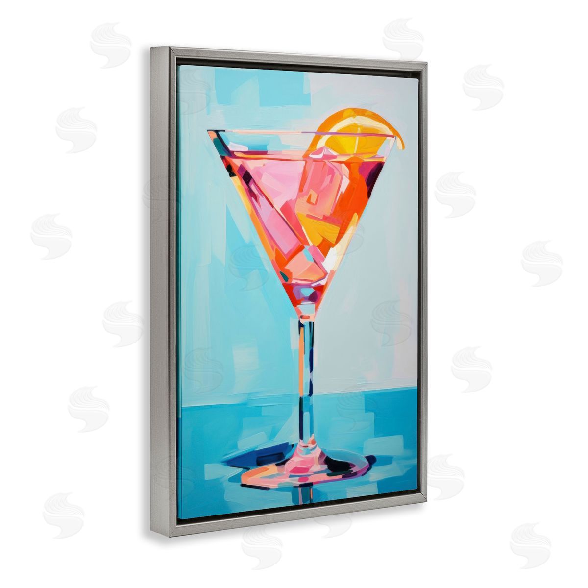 Blue & Pink Martini Grey Floating Frame Canvas Wall Art, Home Decor by LSR Design Studio