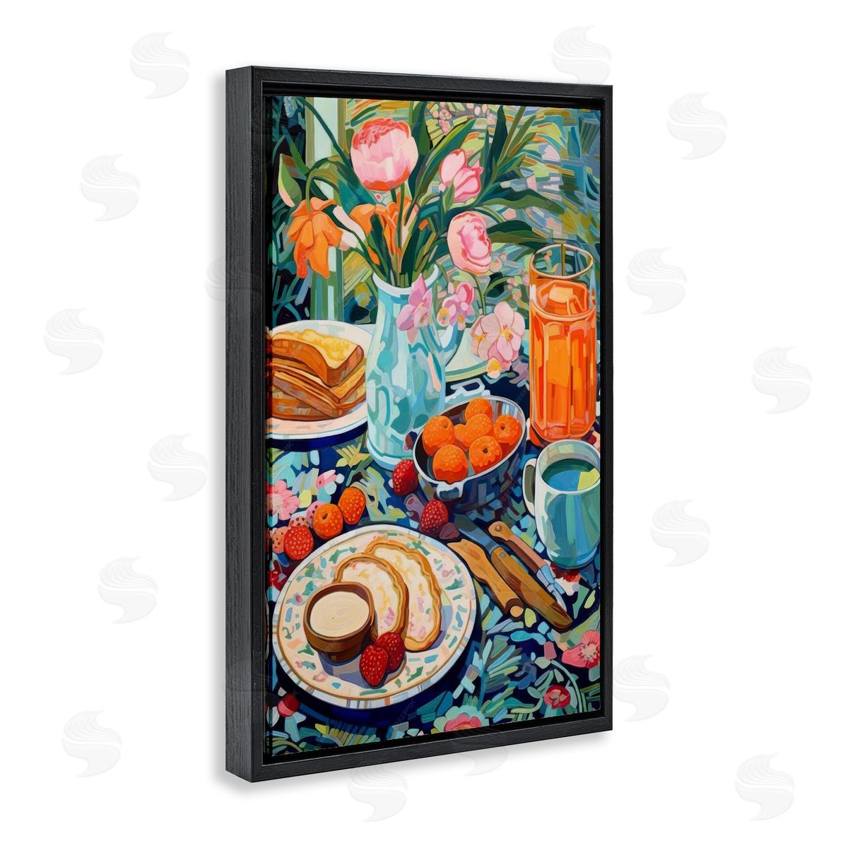 Bright Breakfast Spread Black Floating Frame Canvas Wall Art, Home Decor by LSR Design Studio