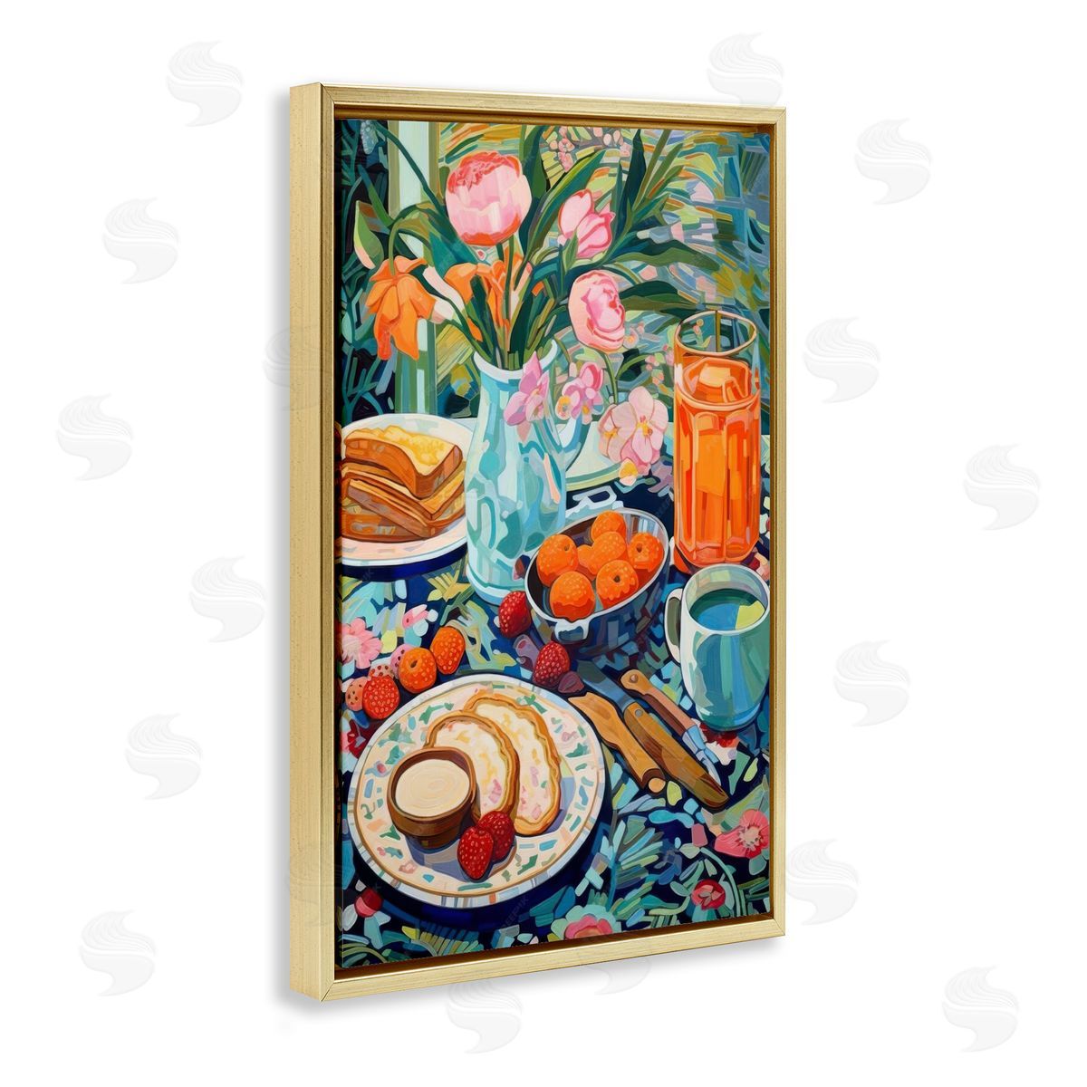 Bright Breakfast Spread Gold Floating Frame Canvas Wall Art, Home Decor by LSR Design Studio