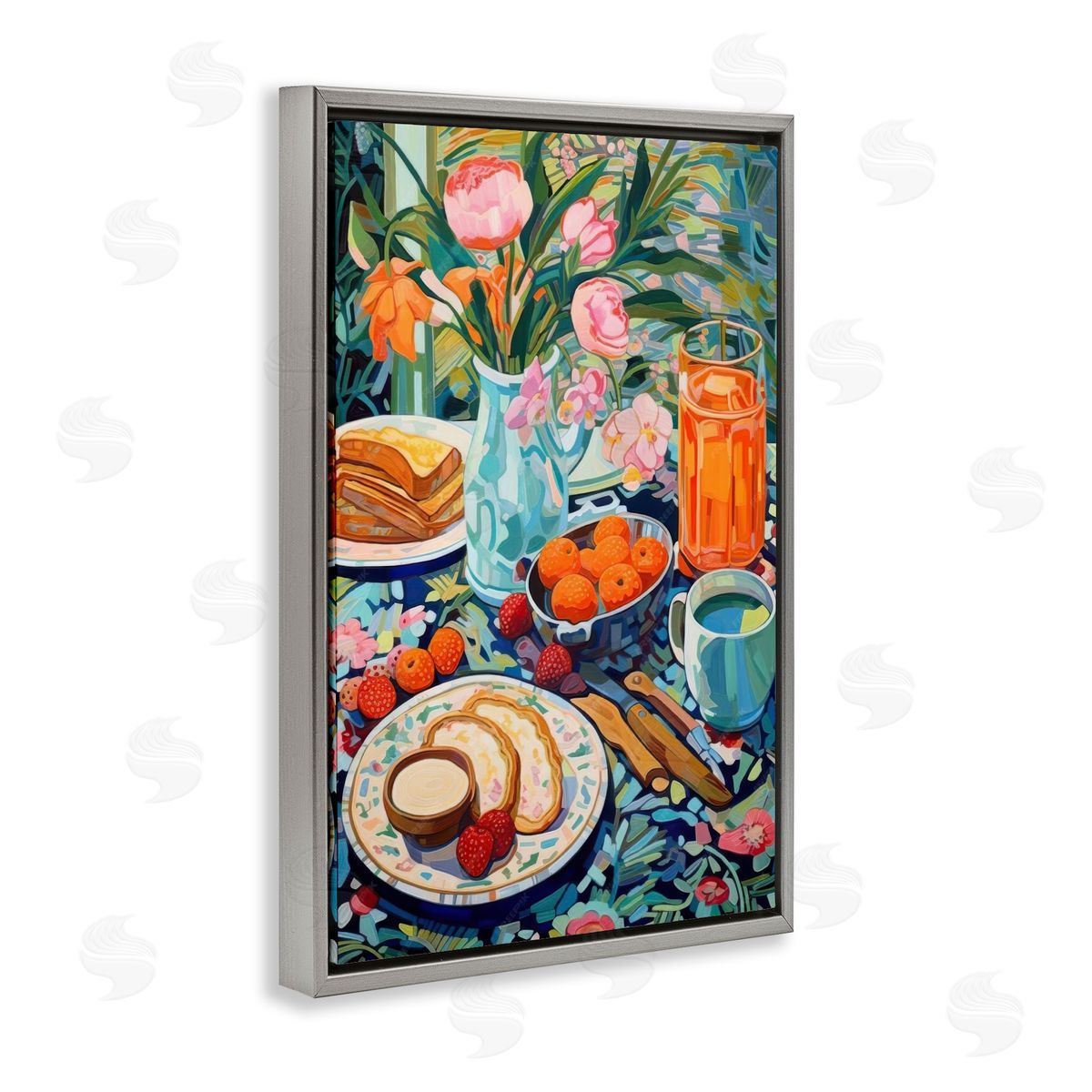 Bright Breakfast Spread Grey Floating Frame Canvas Wall Art, Home Decor by LSR Design Studio
