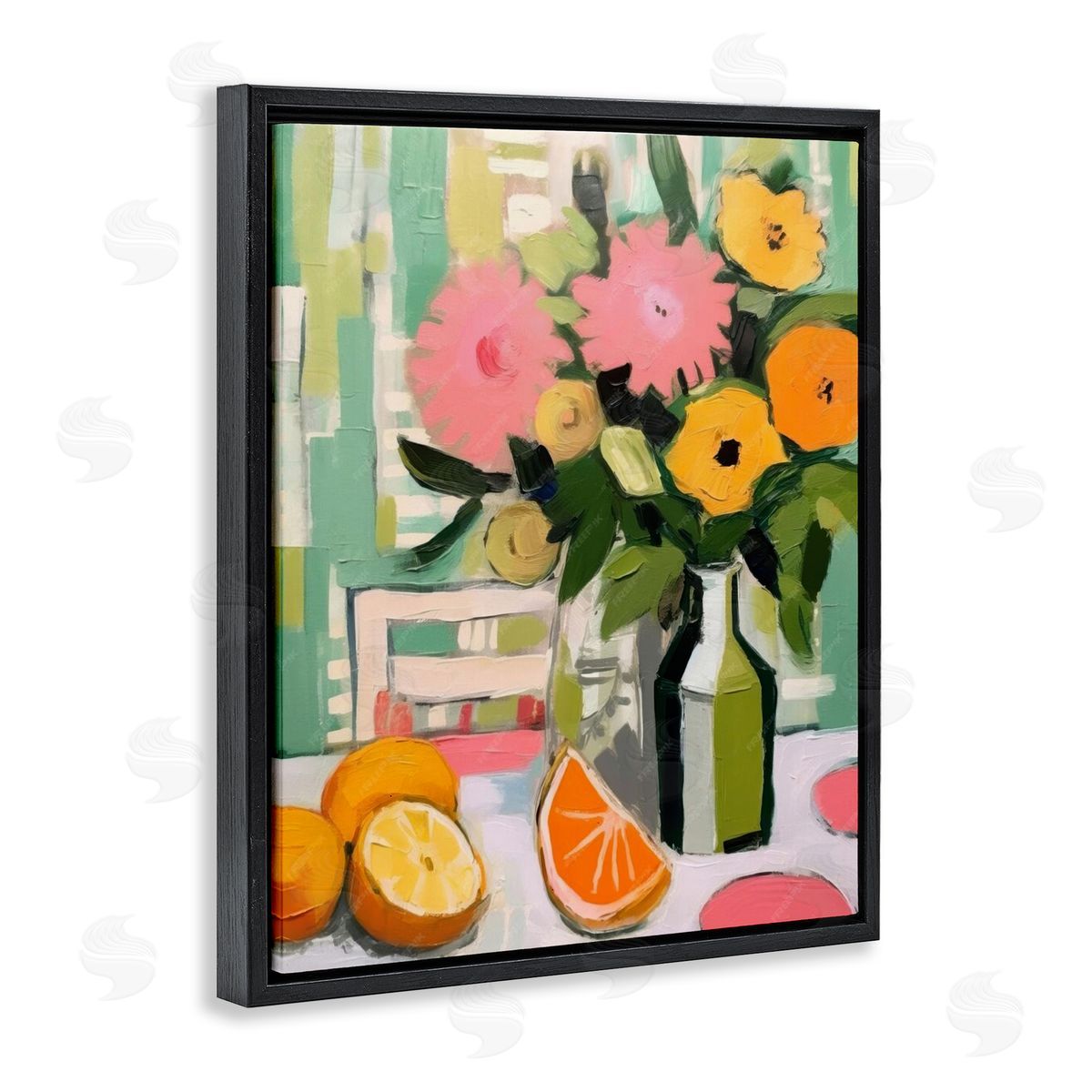 Citrus Slices & Bouquet Black Floating Frame Canvas Wall Art, Home Decor by LSR Design Studio