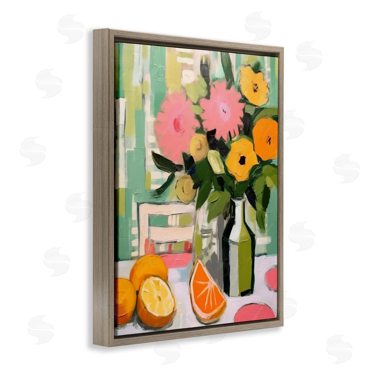 Citrus Slices & Bouquet Brown Floating Frame Canvas Wall Art, Home Decor by LSR Design Studio