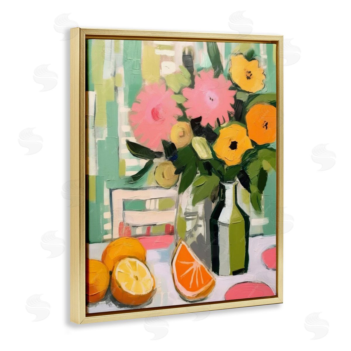 Citrus Slices & Bouquet Gold Floating Frame Canvas Wall Art, Home Decor by LSR Design Studio