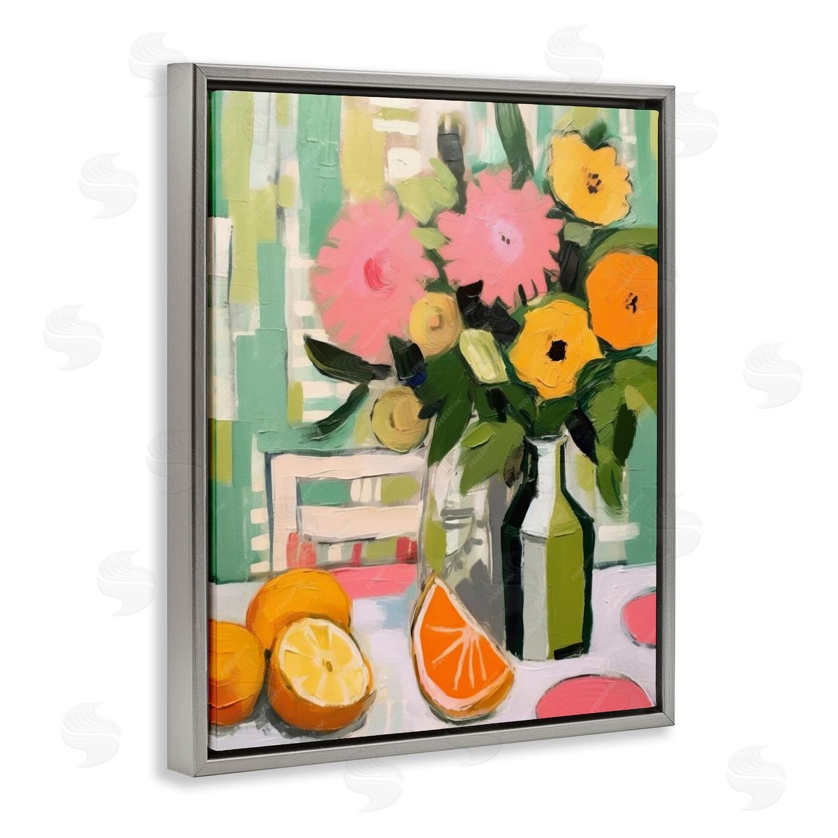 Citrus Slices & Bouquet Grey Floating Frame Canvas Wall Art, Home Decor by LSR Design Studio