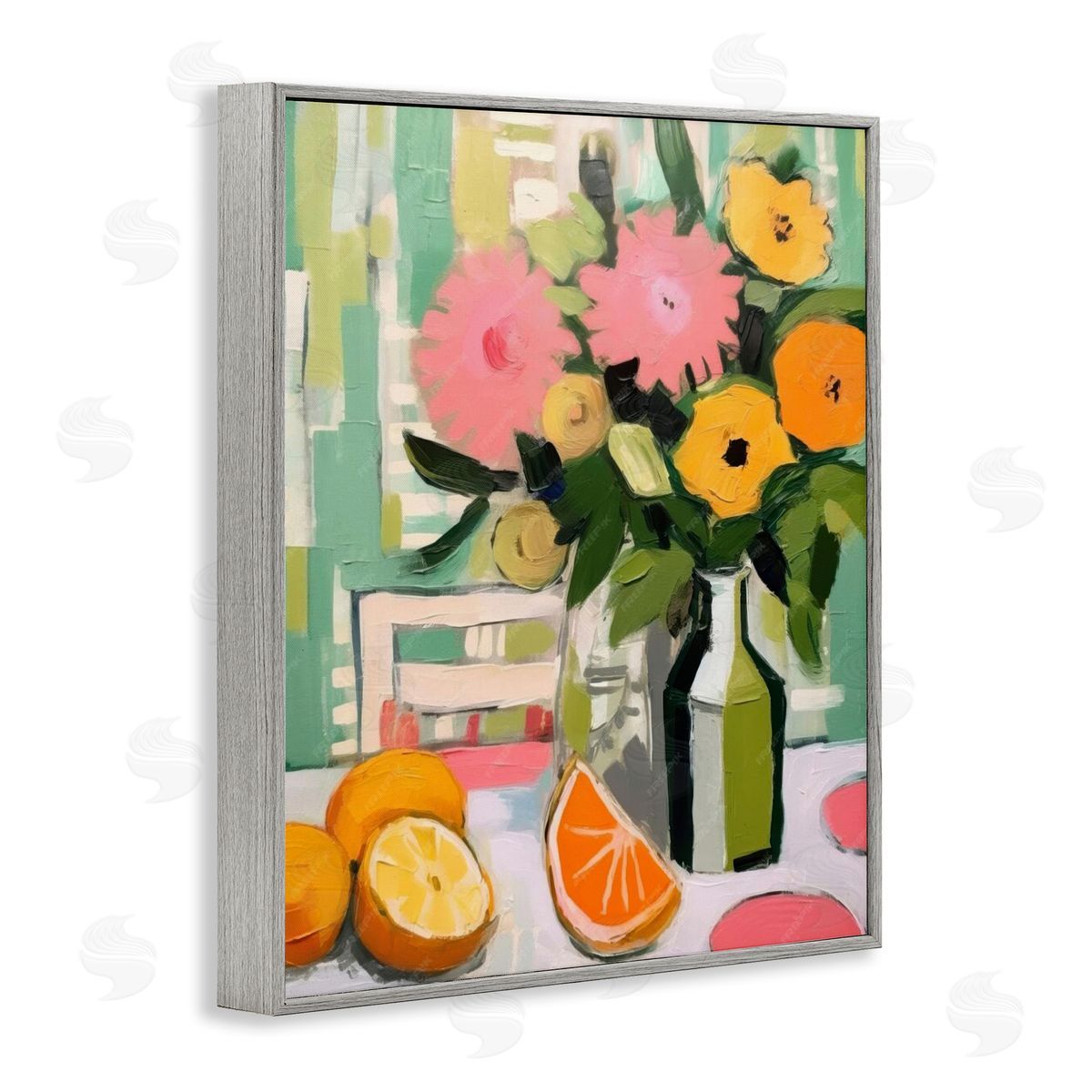Citrus Slices & Bouquet Grey Frame Print Wall Art, Home Decor by LSR Design Studio