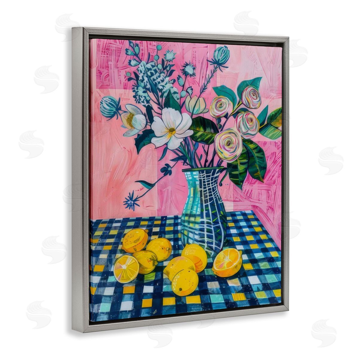 Summer Table Bouquet Grey Floating Frame Canvas Wall Art, Home Decor by LSR Design Studio