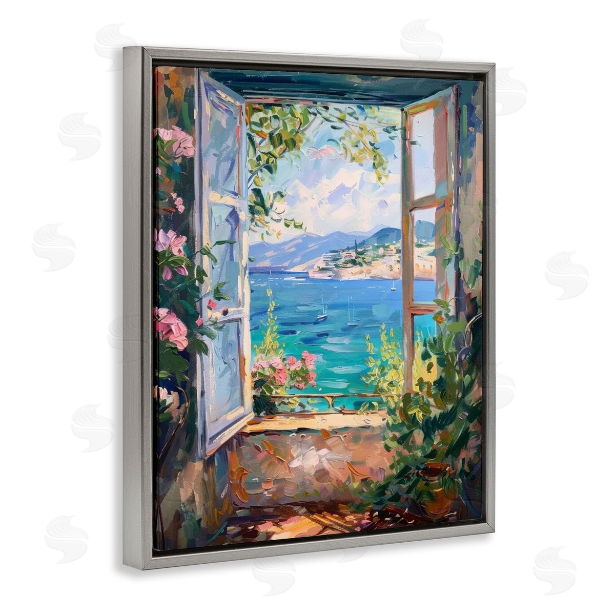 Window Sea View Grey Floating Frame Canvas Wall Art, Home Decor by LSR Design Studio
