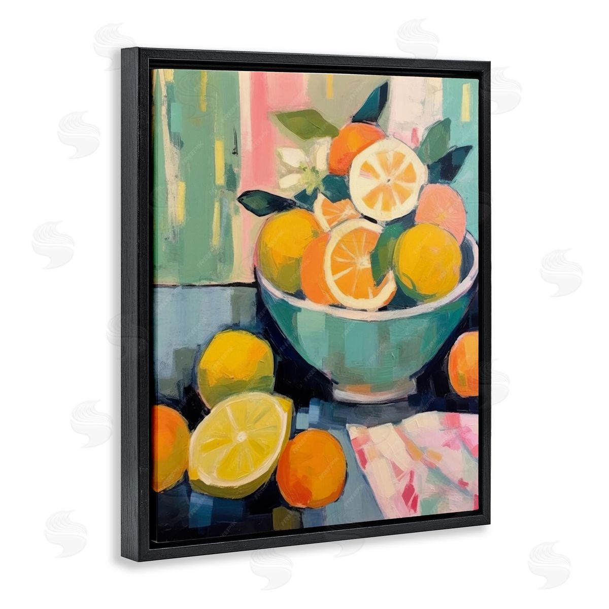 Orange & Lemon Bowl Black Floating Frame Canvas Wall Art, Home Decor by LSR Design Studio