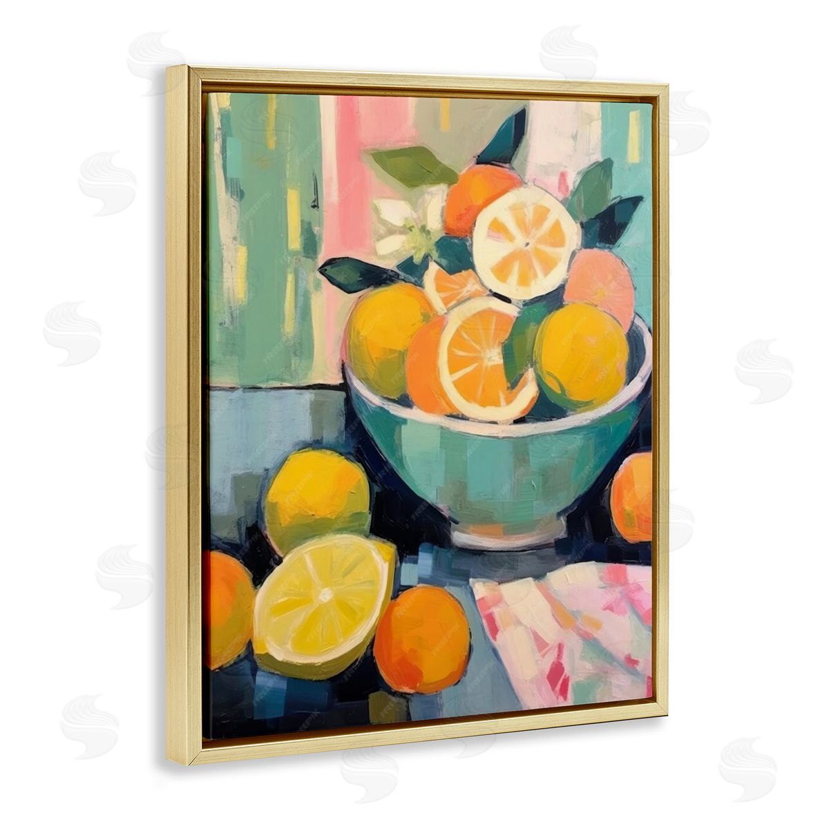 Orange & Lemon Bowl Gold Floating Frame Canvas Wall Art, Home Decor by LSR Design Studio