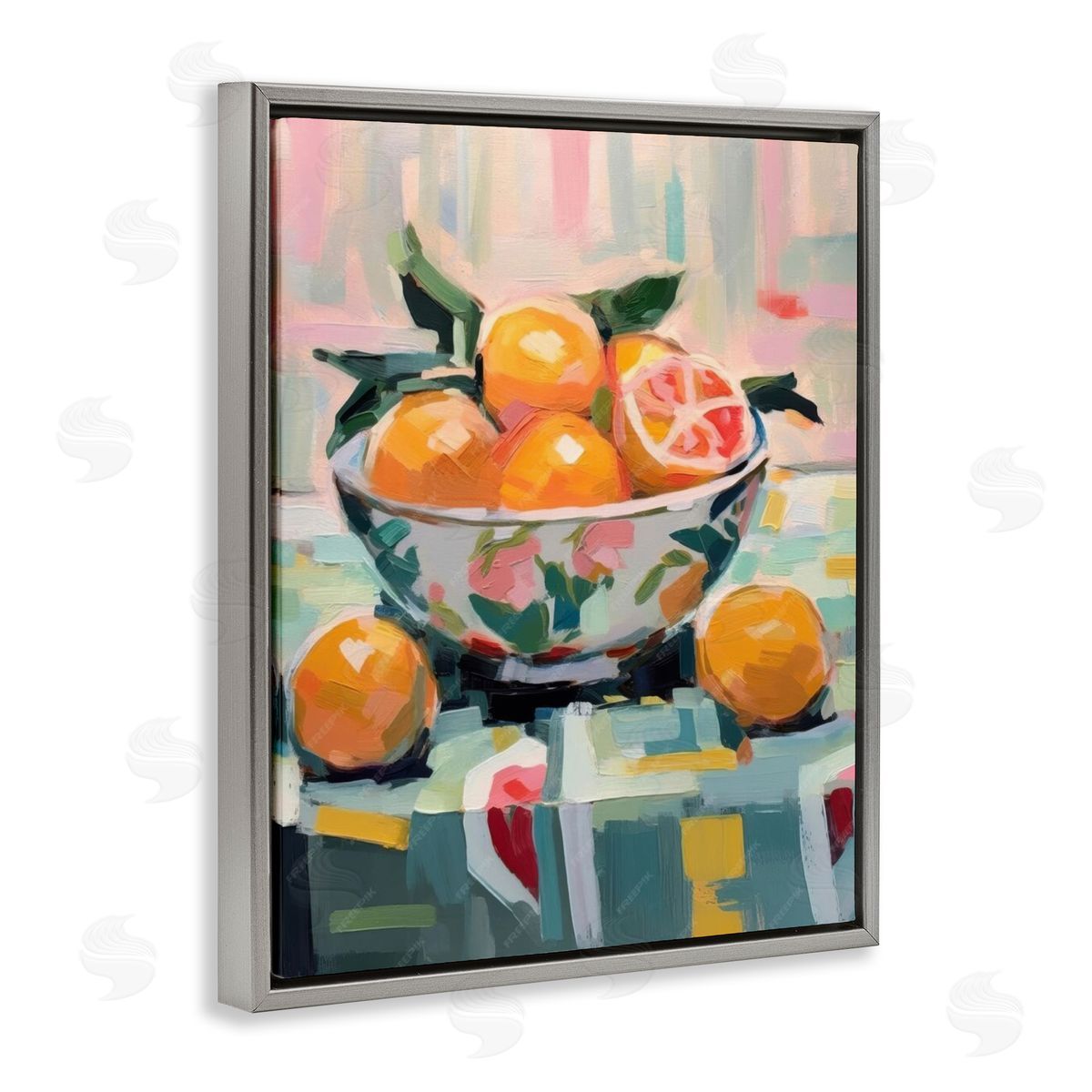 Kitchen Bowl of Oranges Grey Floating Frame Canvas Wall Art, Home Decor by LSR Design Studio