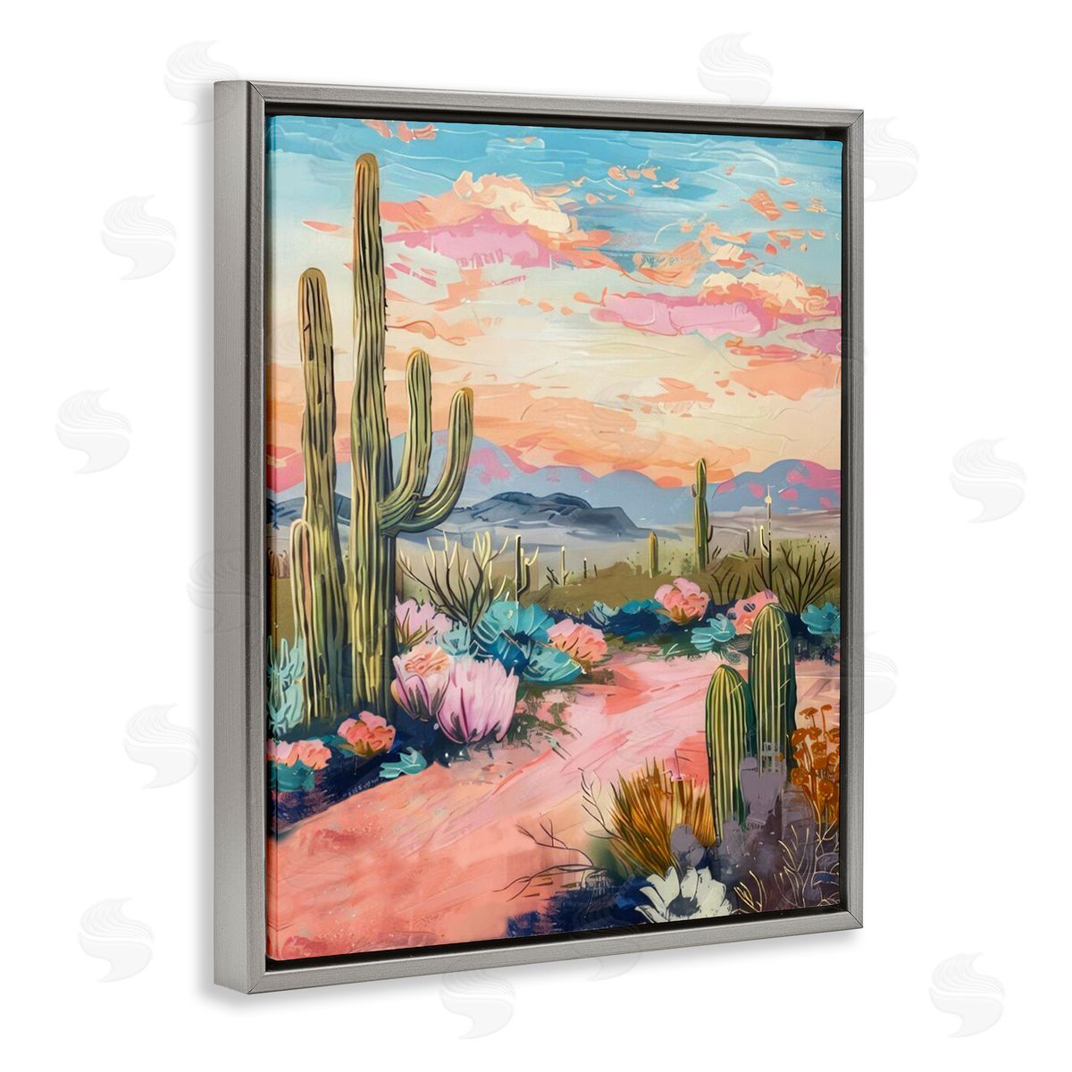 Pink Desert Sunset Grey Floating Frame Canvas Wall Art, Home Decor by LSR Design Studio