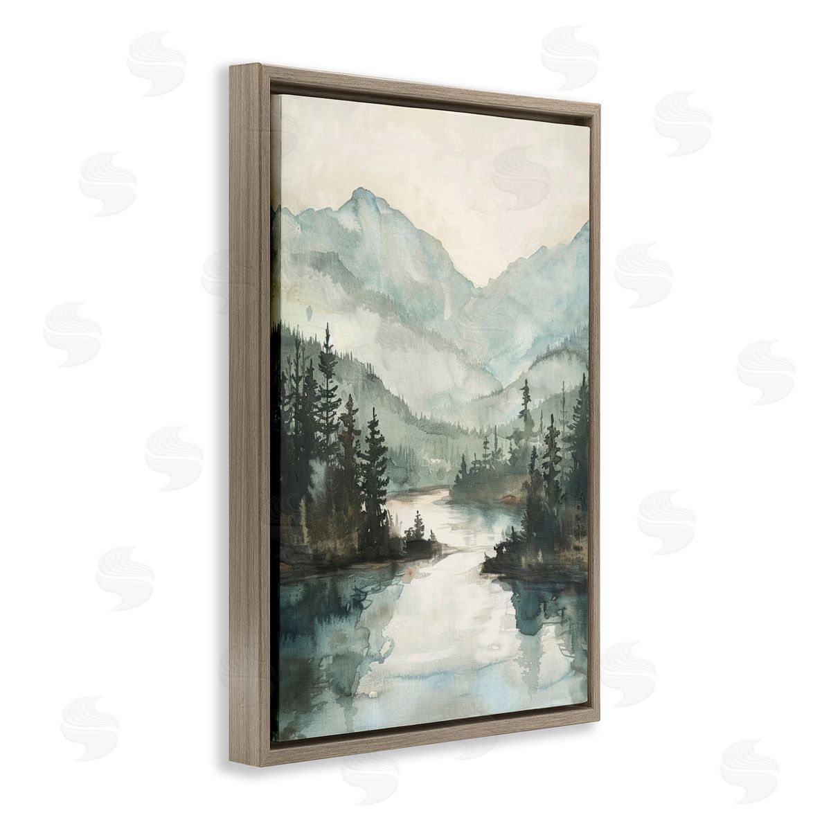 Mountain River View Brown Floating Frame Canvas Wall Art, Home Decor by LSR Design Studio