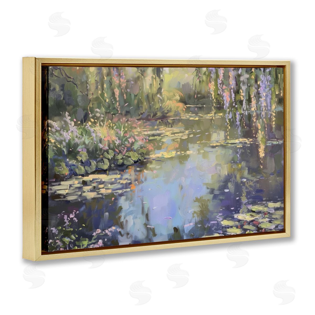 Morning on Lily Pond Gold Floating Frame Canvas Wall Art, Home Decor by LSR Design Studio