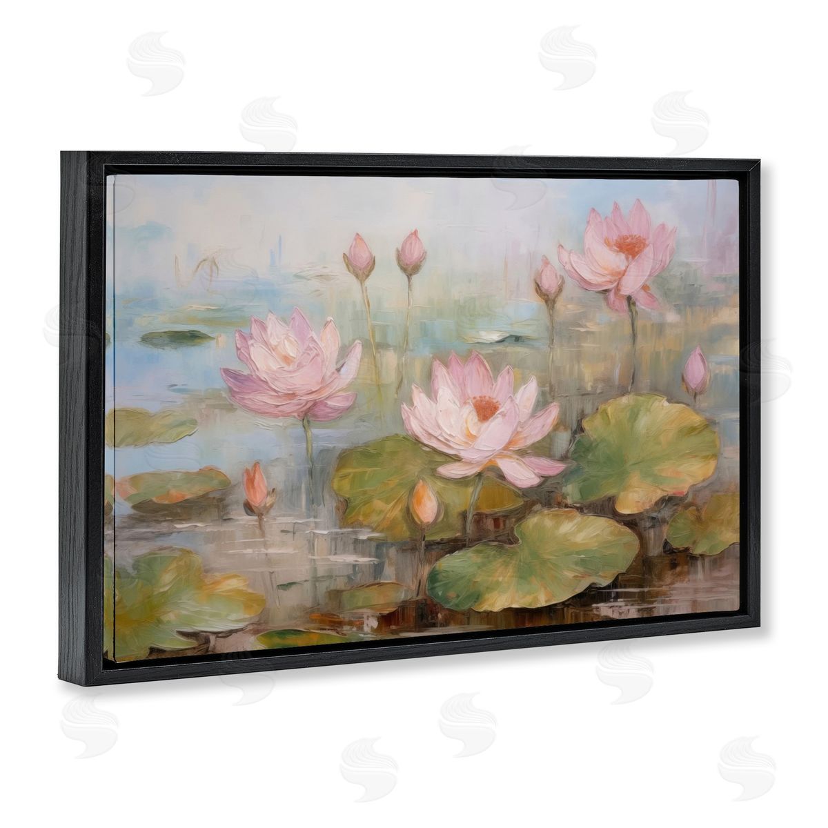 Water Lilies in Spring Black Floating Frame Canvas Wall Art, Home Decor by LSR Design Studio