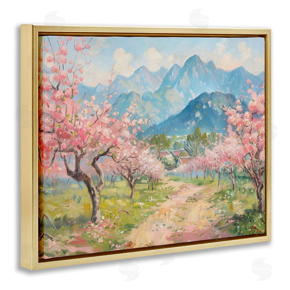 Cherry Blossom Mountains Gold Floating Frame Canvas Wall Art, Home Decor by LSR Design Studio