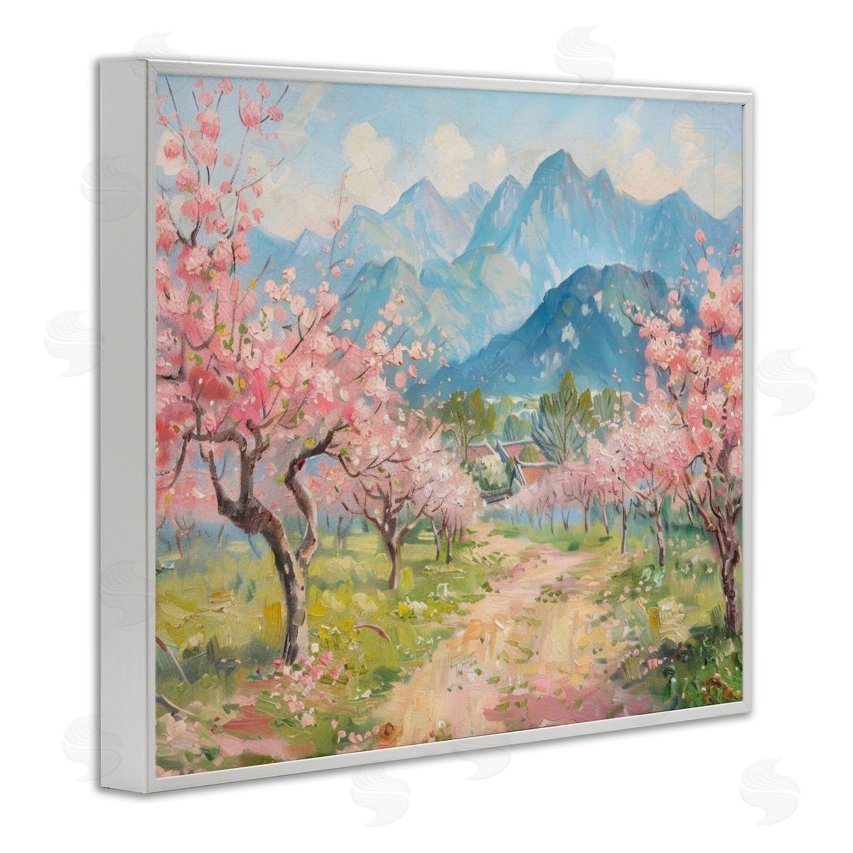 Cherry Blossom Mountains White Frame Print Wall Art, Home Decor by LSR Design Studio
