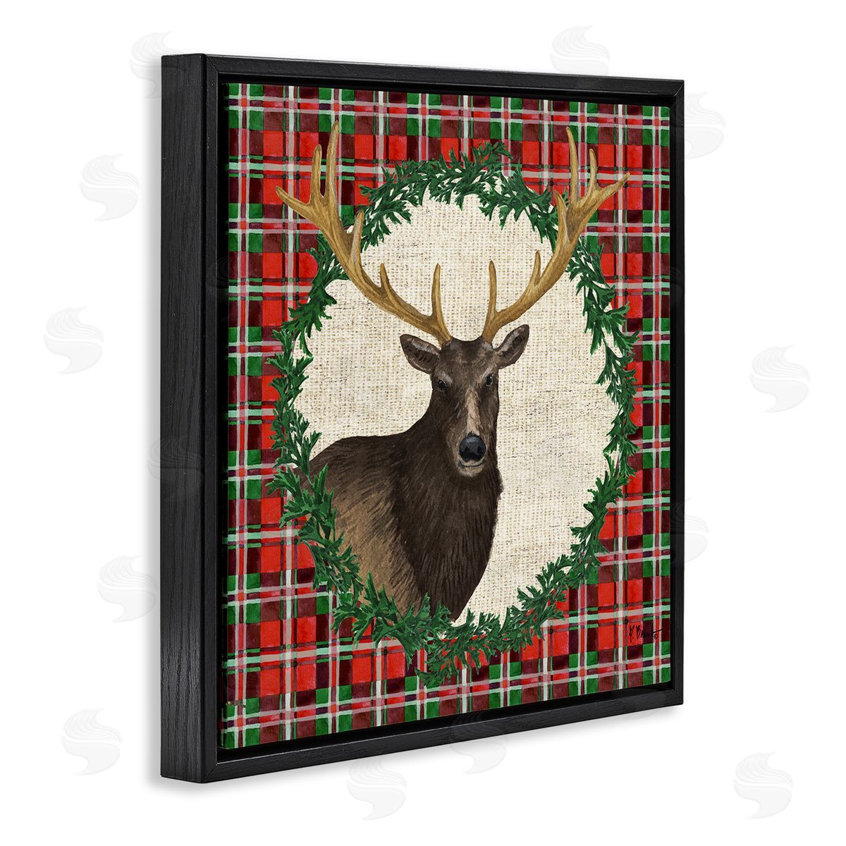 Festive Plaid Elk Black Floating Frame Canvas Wall Art, Home Decor by Paul Brent