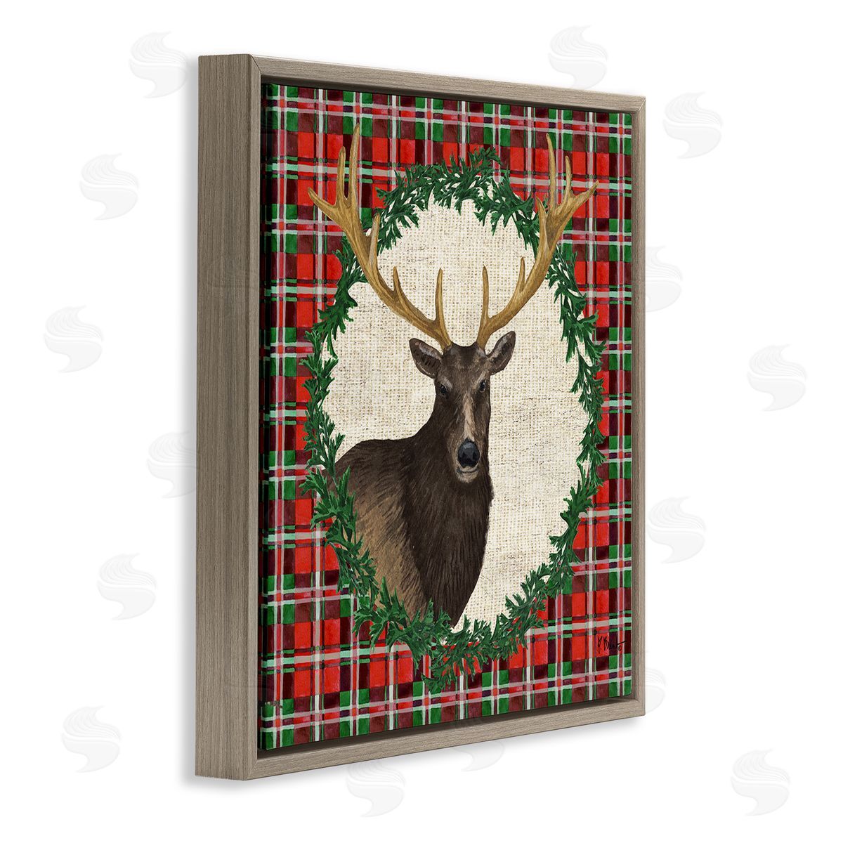 Festive Plaid Elk Brown Floating Frame Canvas Wall Art, Home Decor by Paul Brent