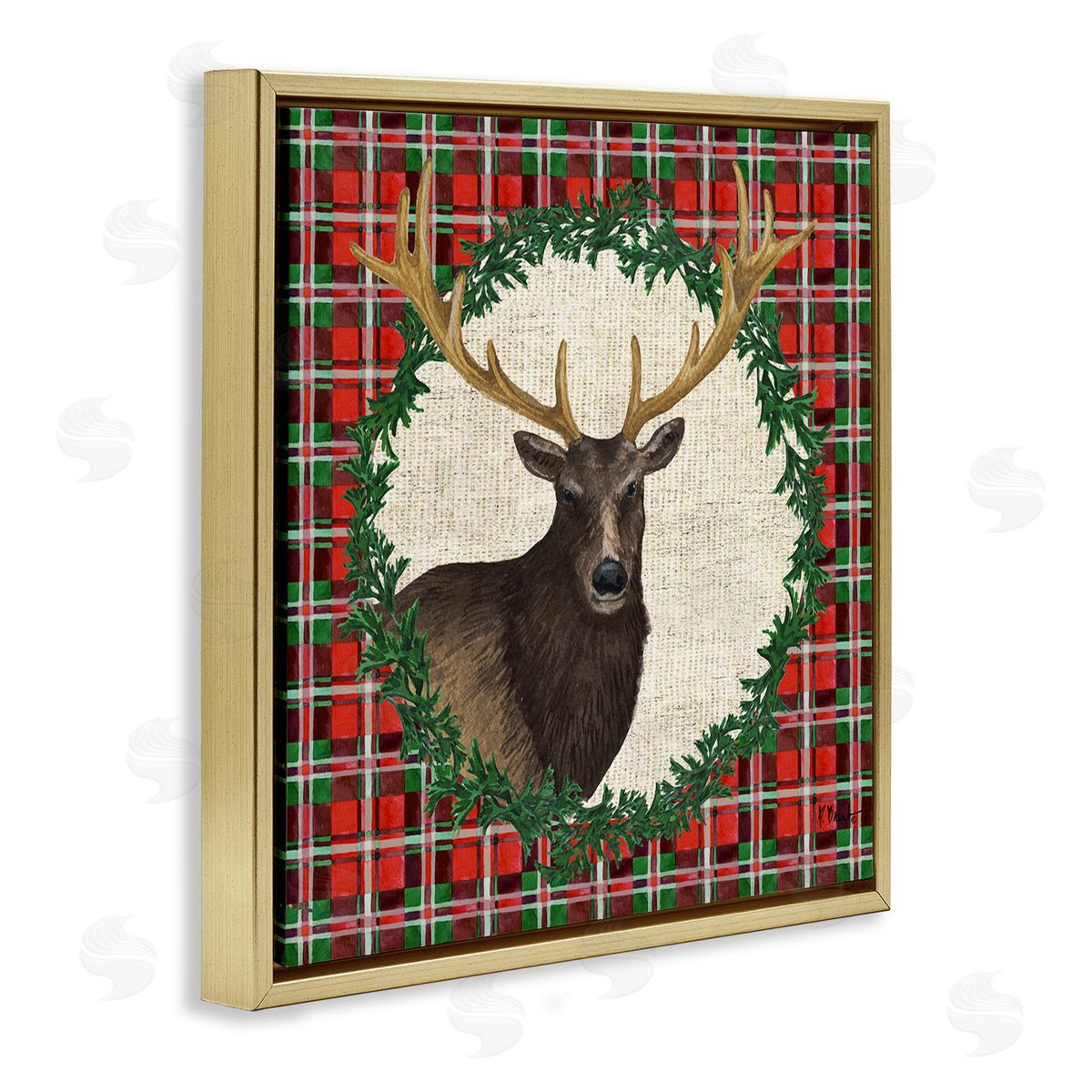 Festive Plaid Elk Gold Floating Frame Canvas Wall Art, Home Decor by Paul Brent