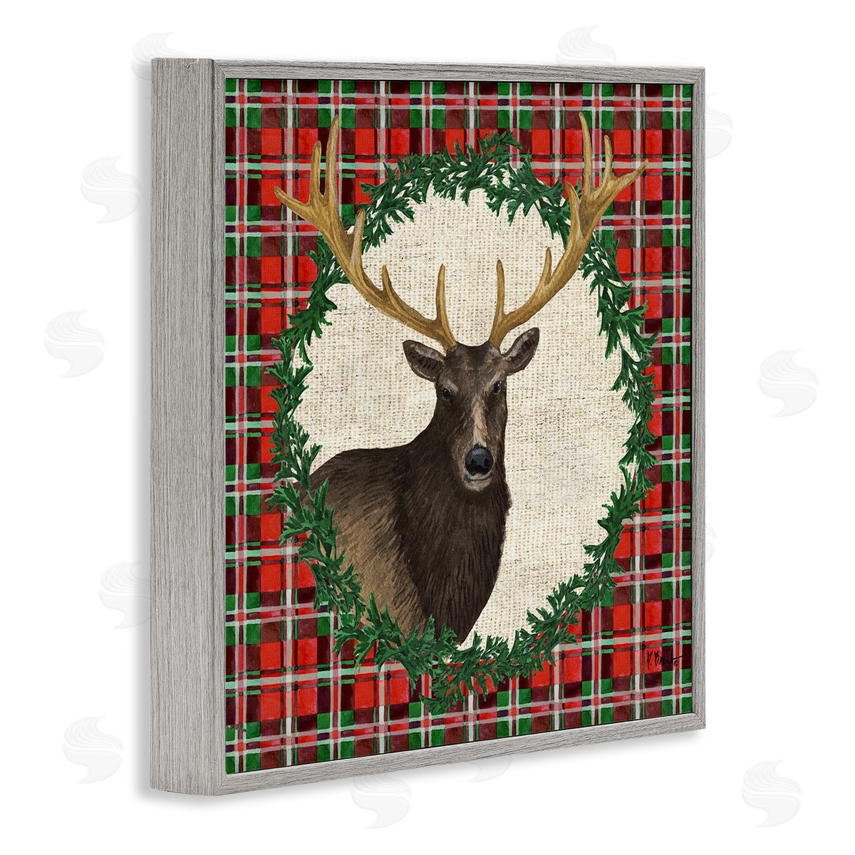 Festive Plaid Elk Grey Frame Print Wall Art, Home Decor by Paul Brent