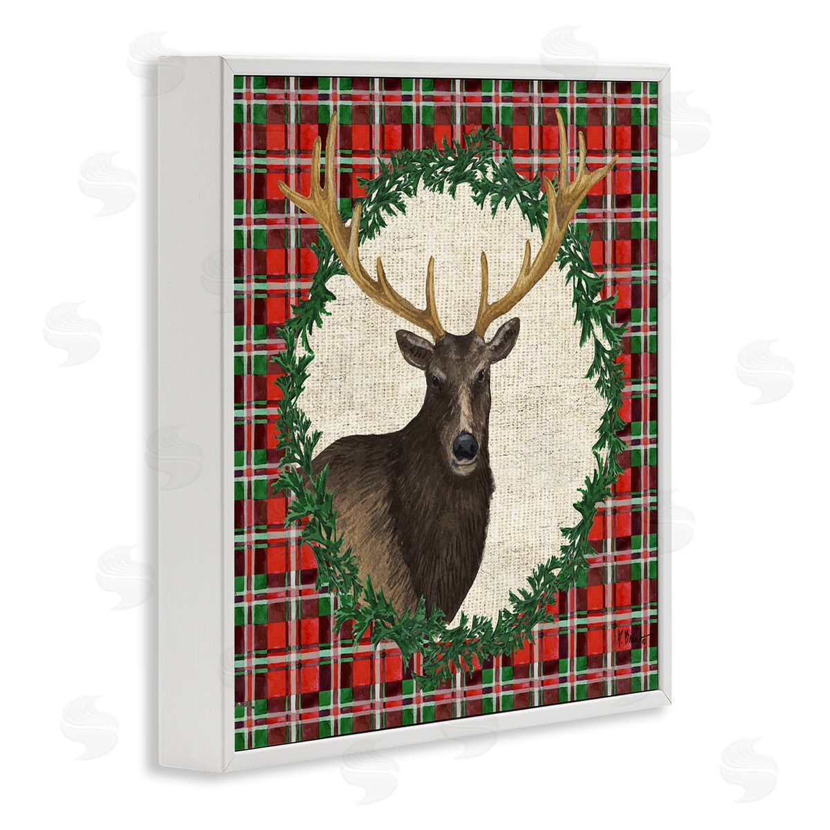 Festive Plaid Elk White Frame Print Wall Art, Home Decor by Paul Brent