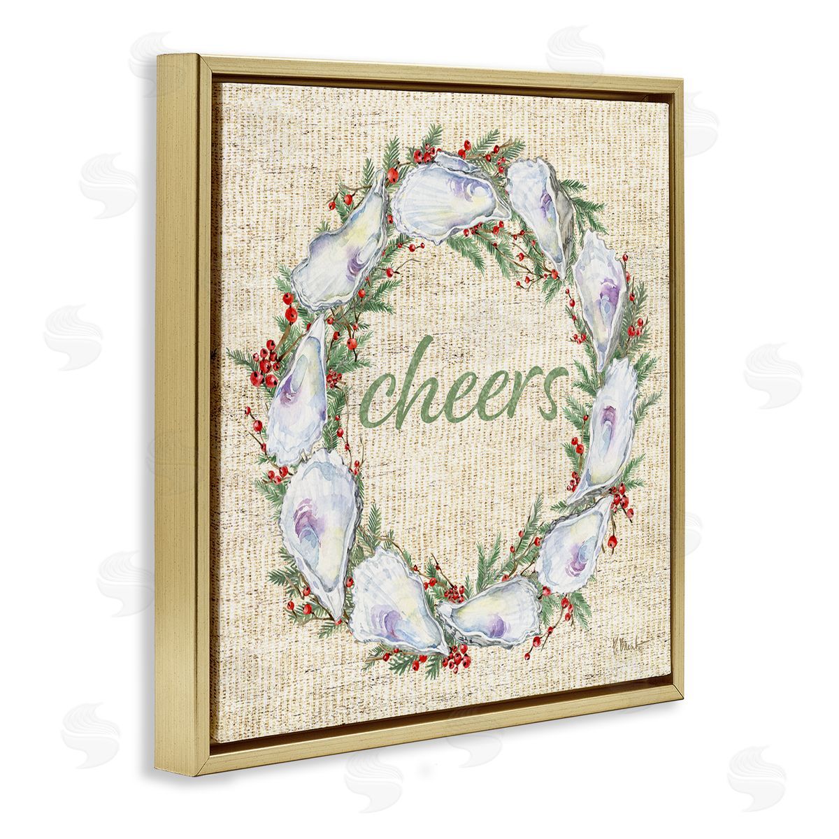 Shells & Holly Wreath Gold Floating Frame Canvas Wall Art, Home Decor by Paul Brent