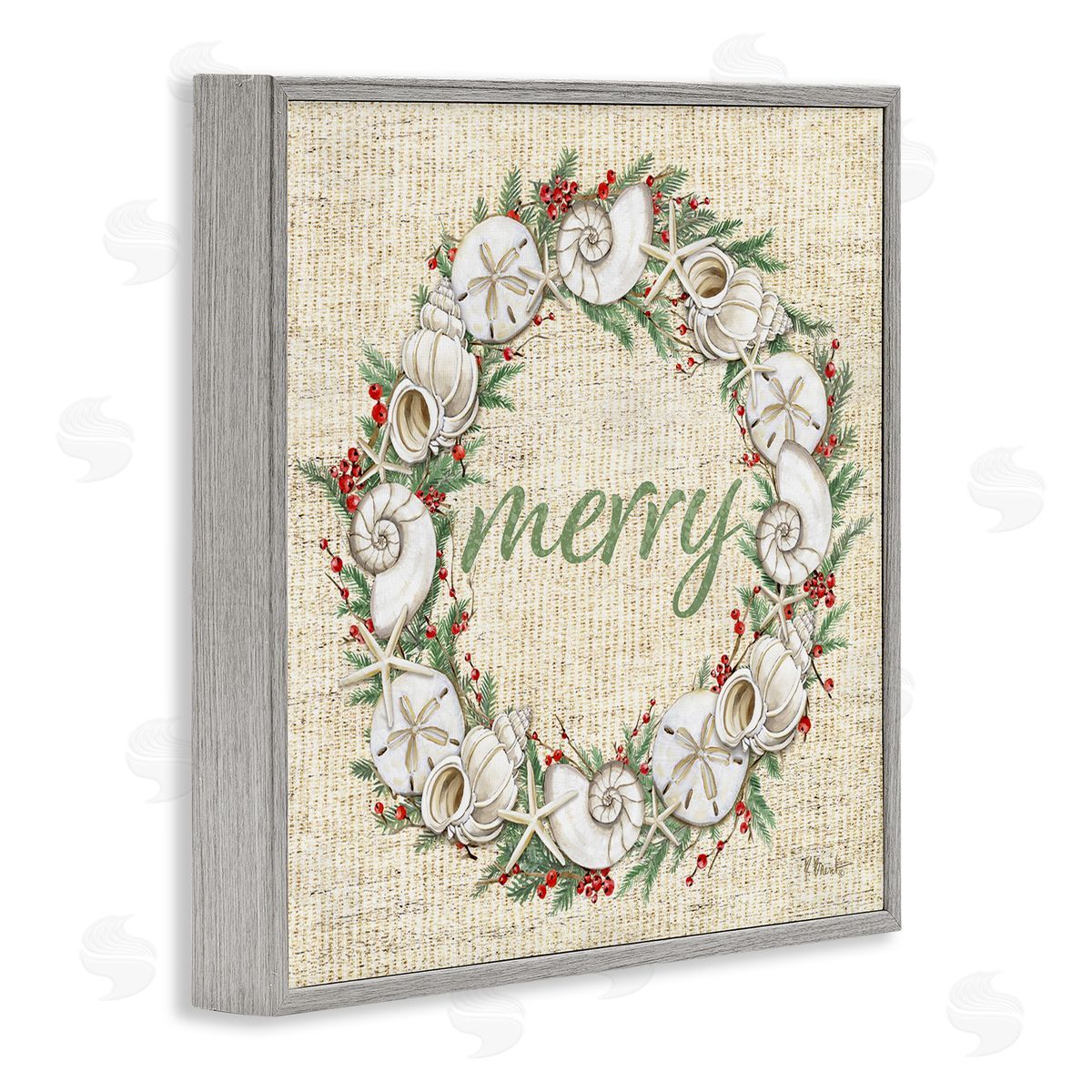 Shells & Holly Merry Grey Frame Print Wall Art, Home Decor by Paul Brent