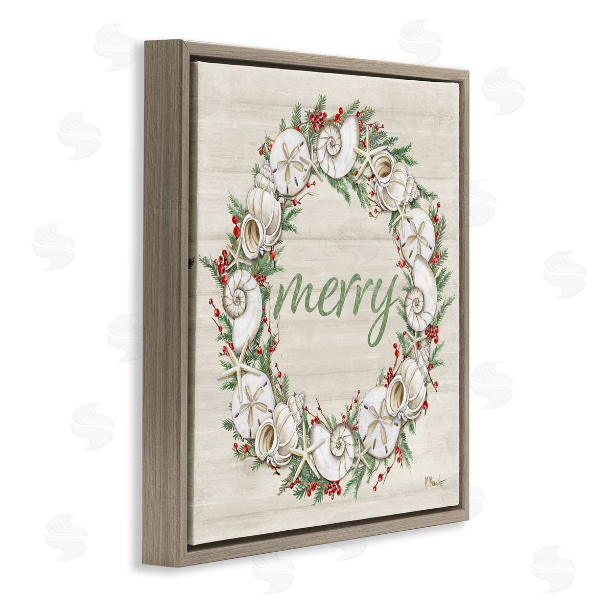Shells & Festive Holly Brown Floating Frame Canvas Wall Art, Home Decor by Paul Brent