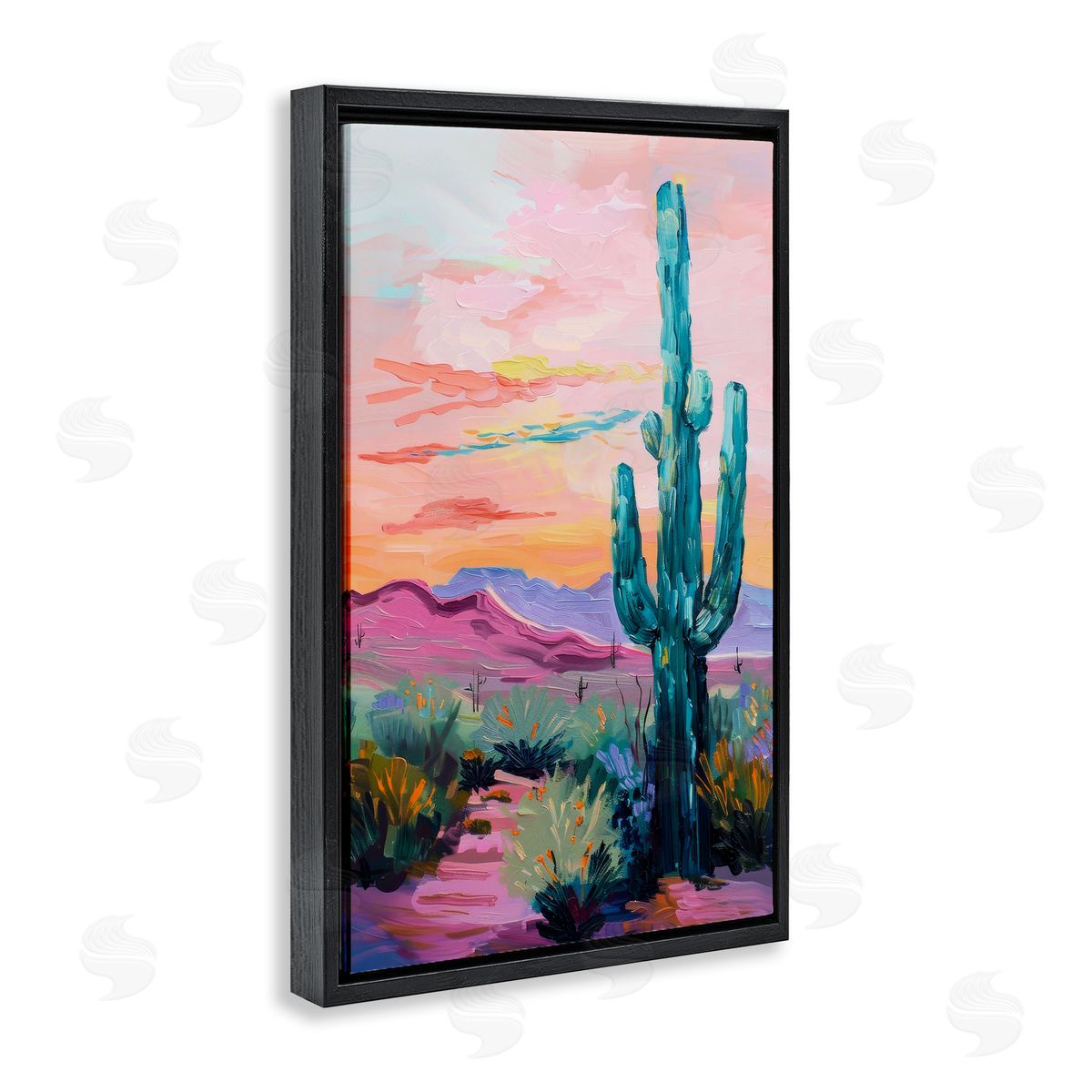 Looming Cactus Pastel Sky Black Floating Frame Canvas Wall Art, Home Decor by Petal Prints Design