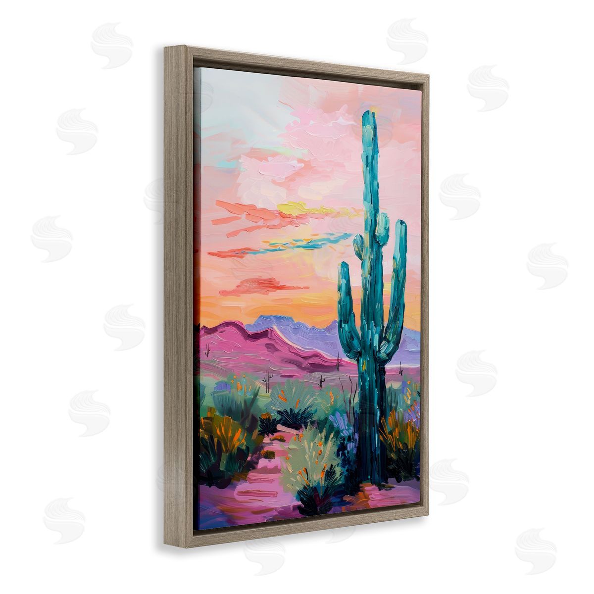 Looming Cactus Pastel Sky Brown Floating Frame Canvas Wall Art, Home Decor by Petal Prints Design