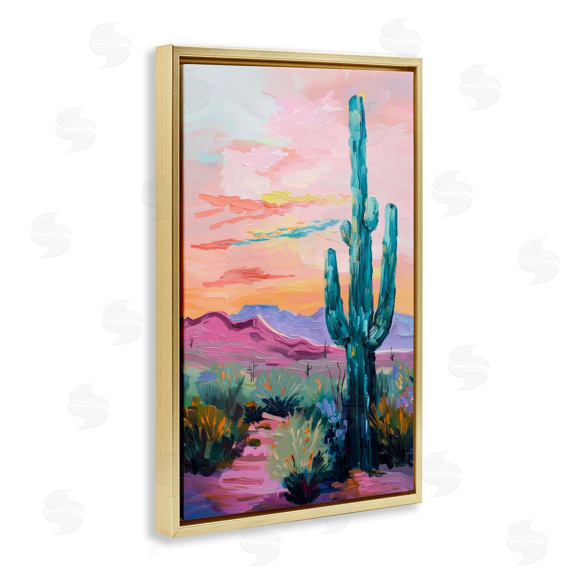 Looming Cactus Pastel Sky Gold Floating Frame Canvas Wall Art, Home Decor by Petal Prints Design