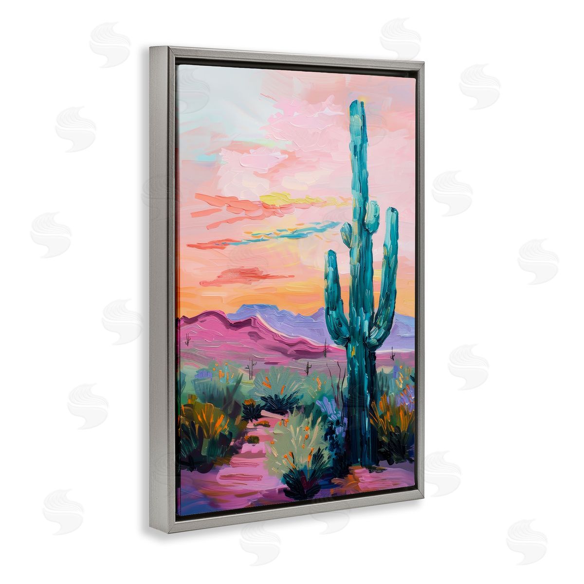 Looming Cactus Pastel Sky Grey Floating Frame Canvas Wall Art, Home Decor by Petal Prints Design