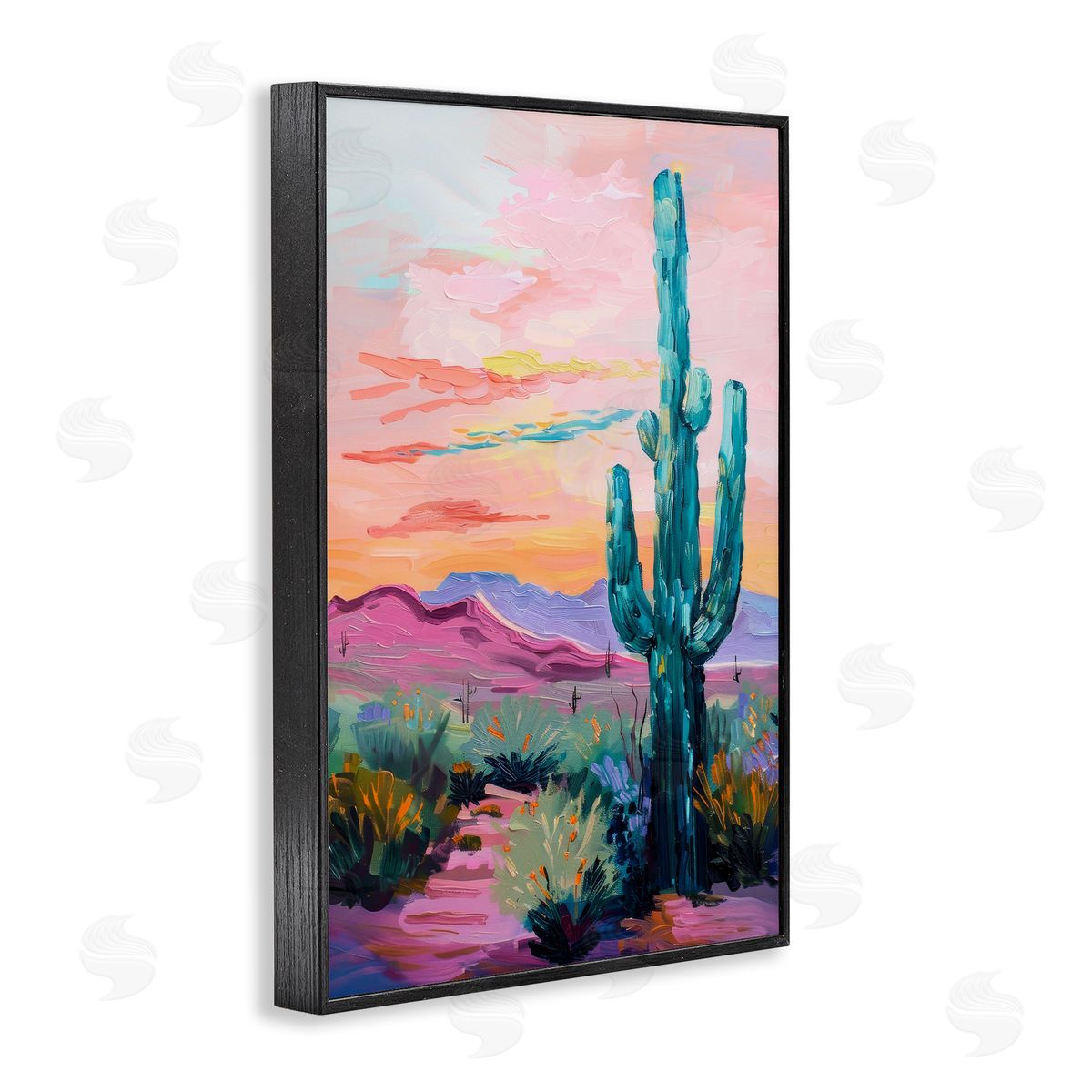 Looming Cactus Pastel Sky Black Frame Print Wall Art, Home Decor by Petal Prints Design