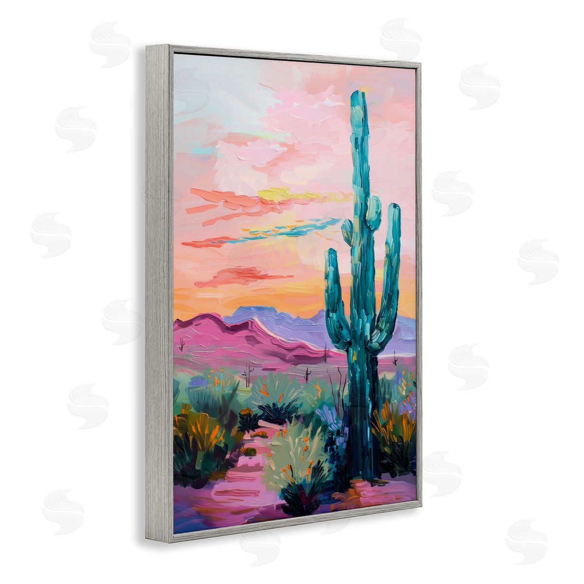 Looming Cactus Pastel Sky Grey Frame Print Wall Art, Home Decor by Petal Prints Design
