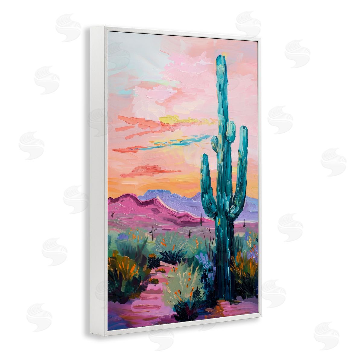 Looming Cactus Pastel Sky White Frame Print Wall Art, Home Decor by Petal Prints Design