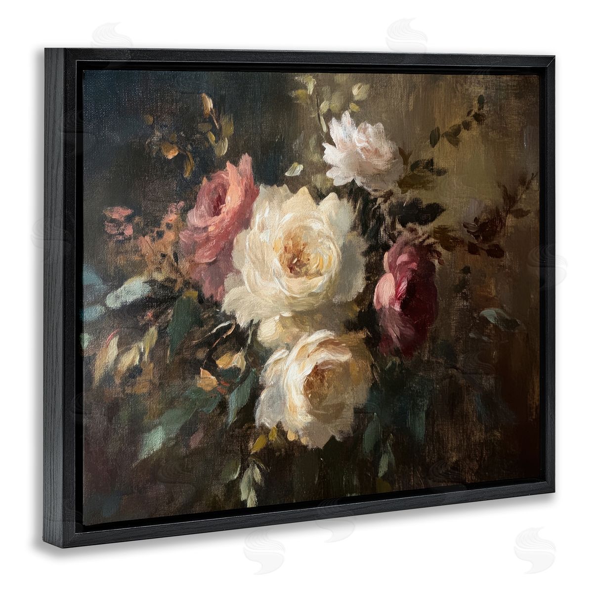 Dark Still Life Roses Black Floating Frame Canvas Wall Art, Home Decor by Petal Prints Design