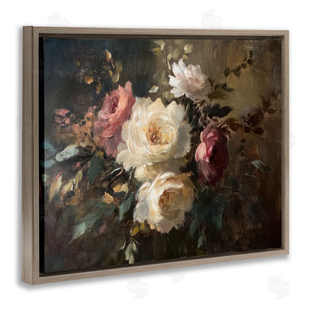 Dark Still Life Roses Brown Floating Frame Canvas Wall Art, Home Decor by Petal Prints Design