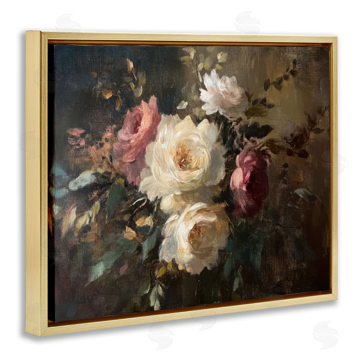 Dark Still Life Roses Gold Floating Frame Canvas Wall Art, Home Decor by Petal Prints Design