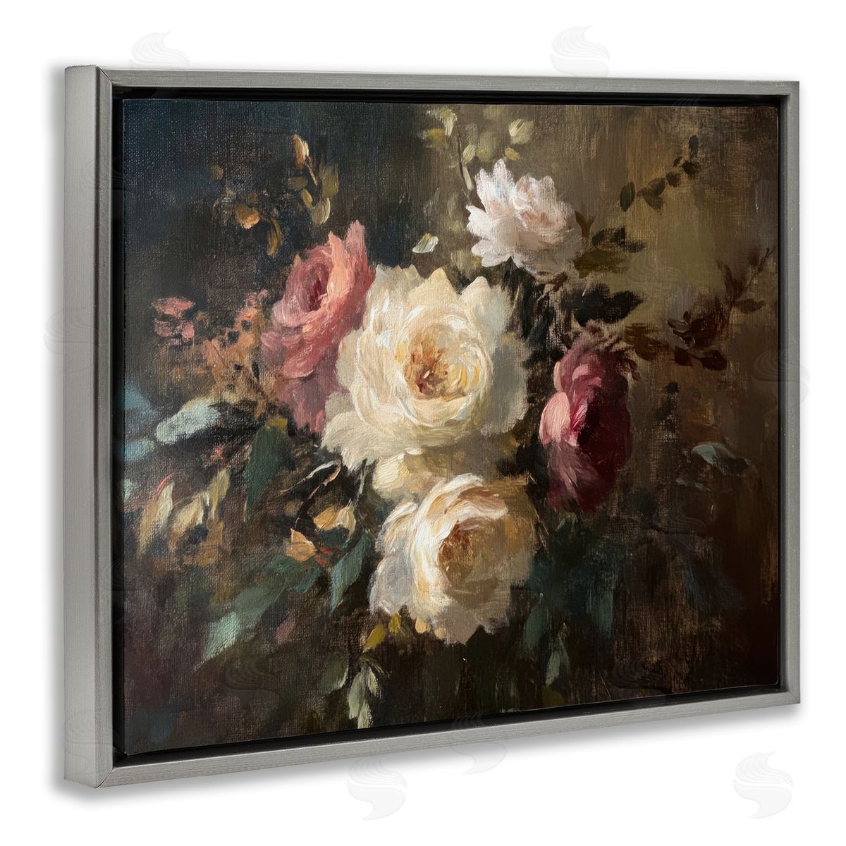 Dark Still Life Roses Grey Floating Frame Canvas Wall Art, Home Decor by Petal Prints Design